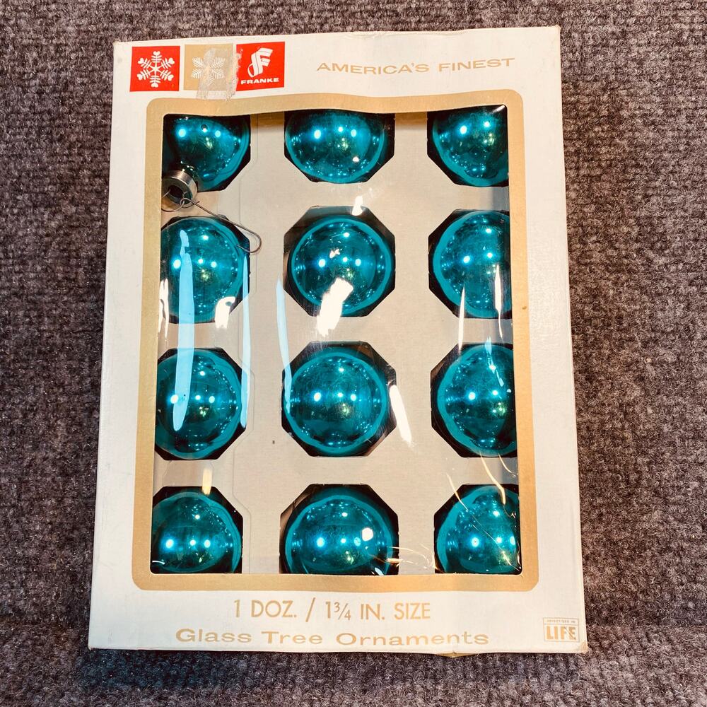 Vintage Franke Americas Finest Glass Christmas Ornaments Blue 12 Original Box